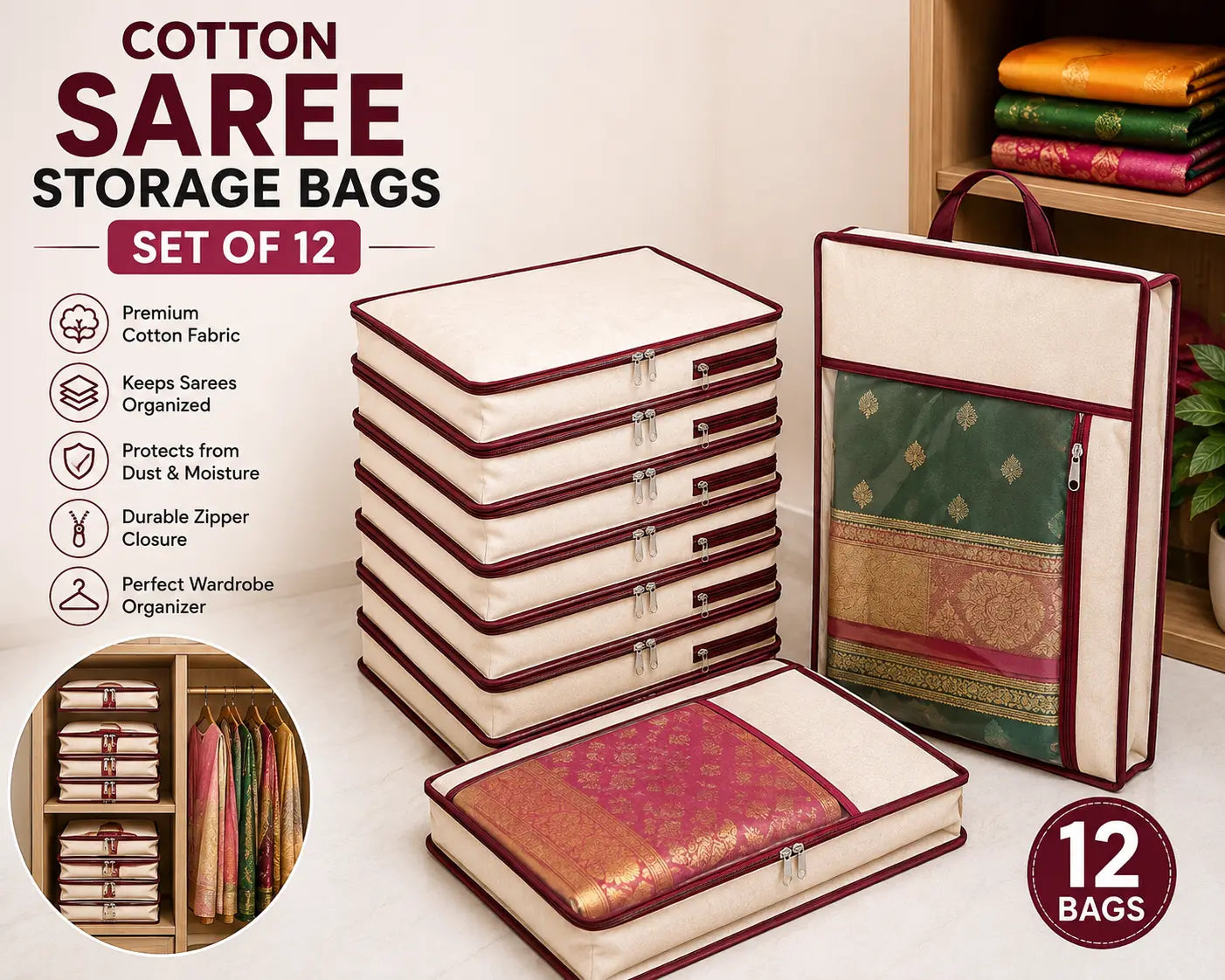 Cotton Saree Storage Bags | Set of 12 Dropdash